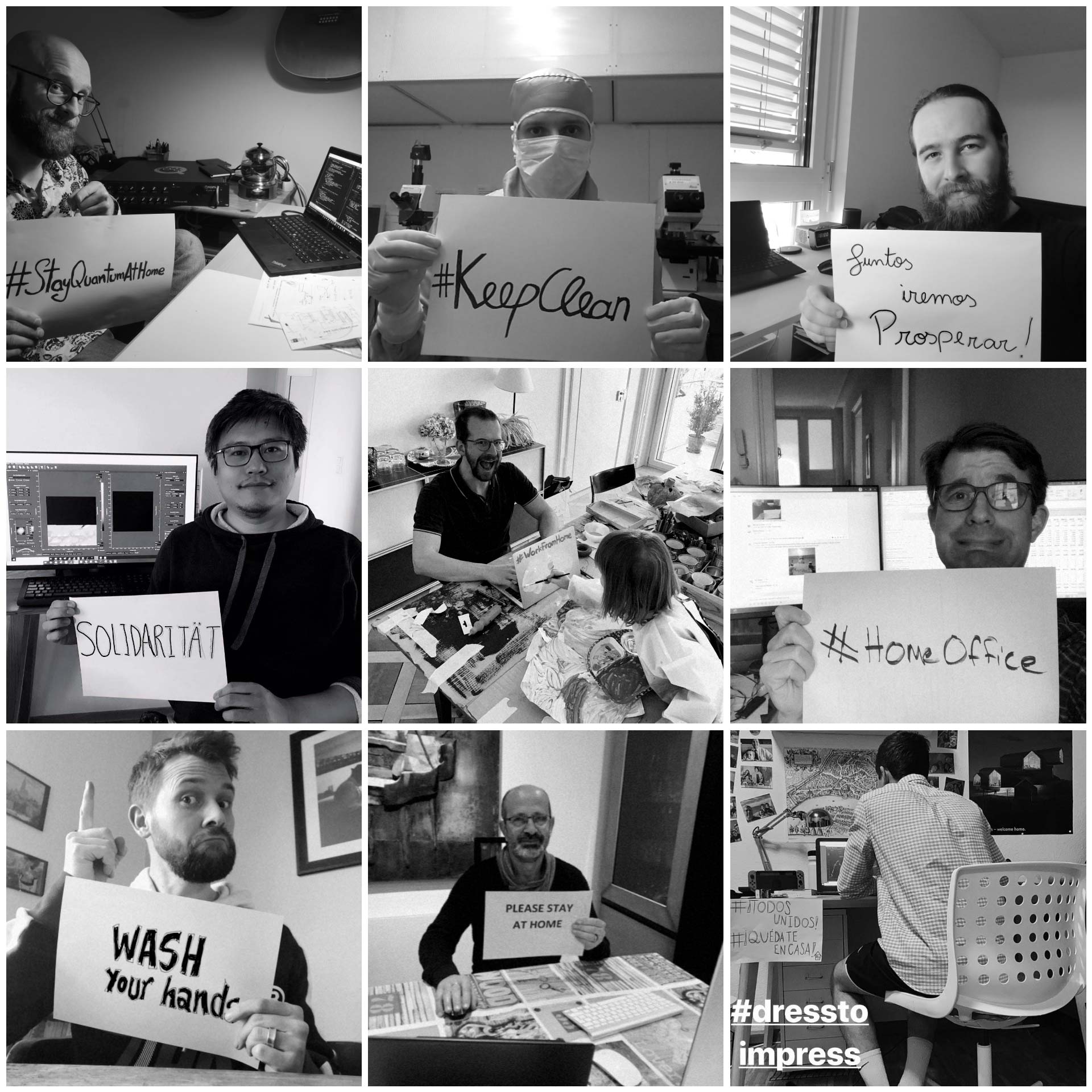 A collage with fun images of the Qnami team members in their home offices holding some paper messages