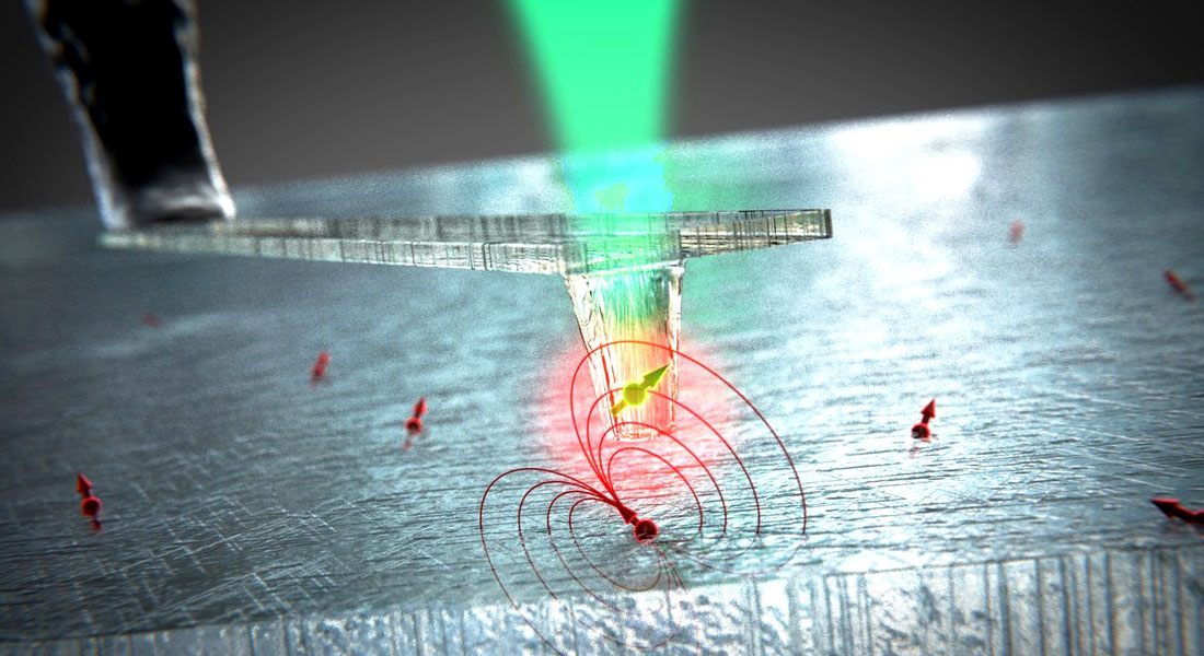 Close-up illustration of the tip of Qnami's Scanning NV Magnetometry